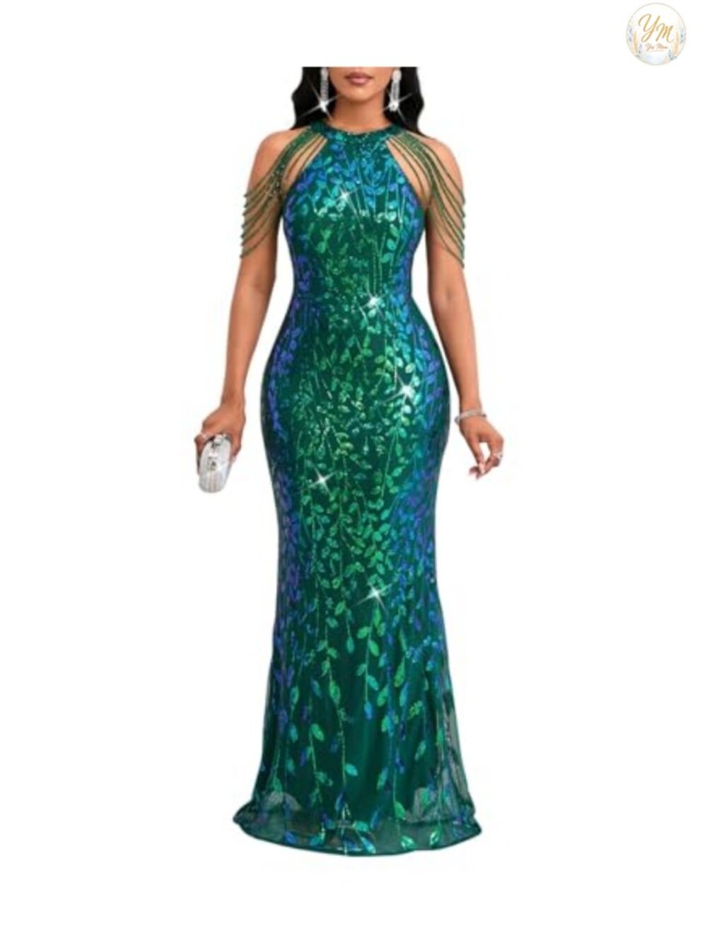 Sequin Halter Tassel Mermaid Maxi Formal Evening Gown Dress